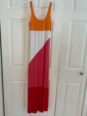 Colorblock Scoop Neck Maxi Dress - Orange, White, Pink, Red